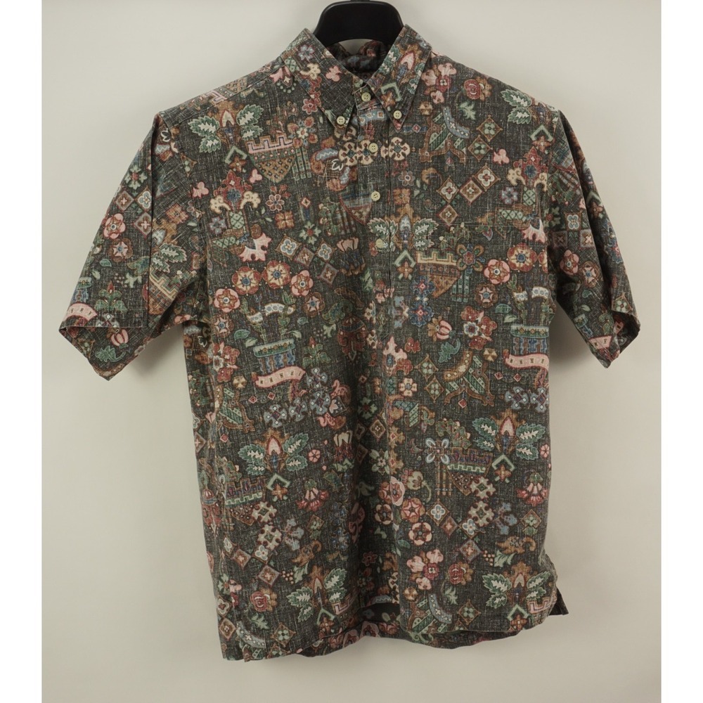 Vintage Reyn Spooner Half Button Geometric Hawaiian Shirt Men's Large Dark Gray